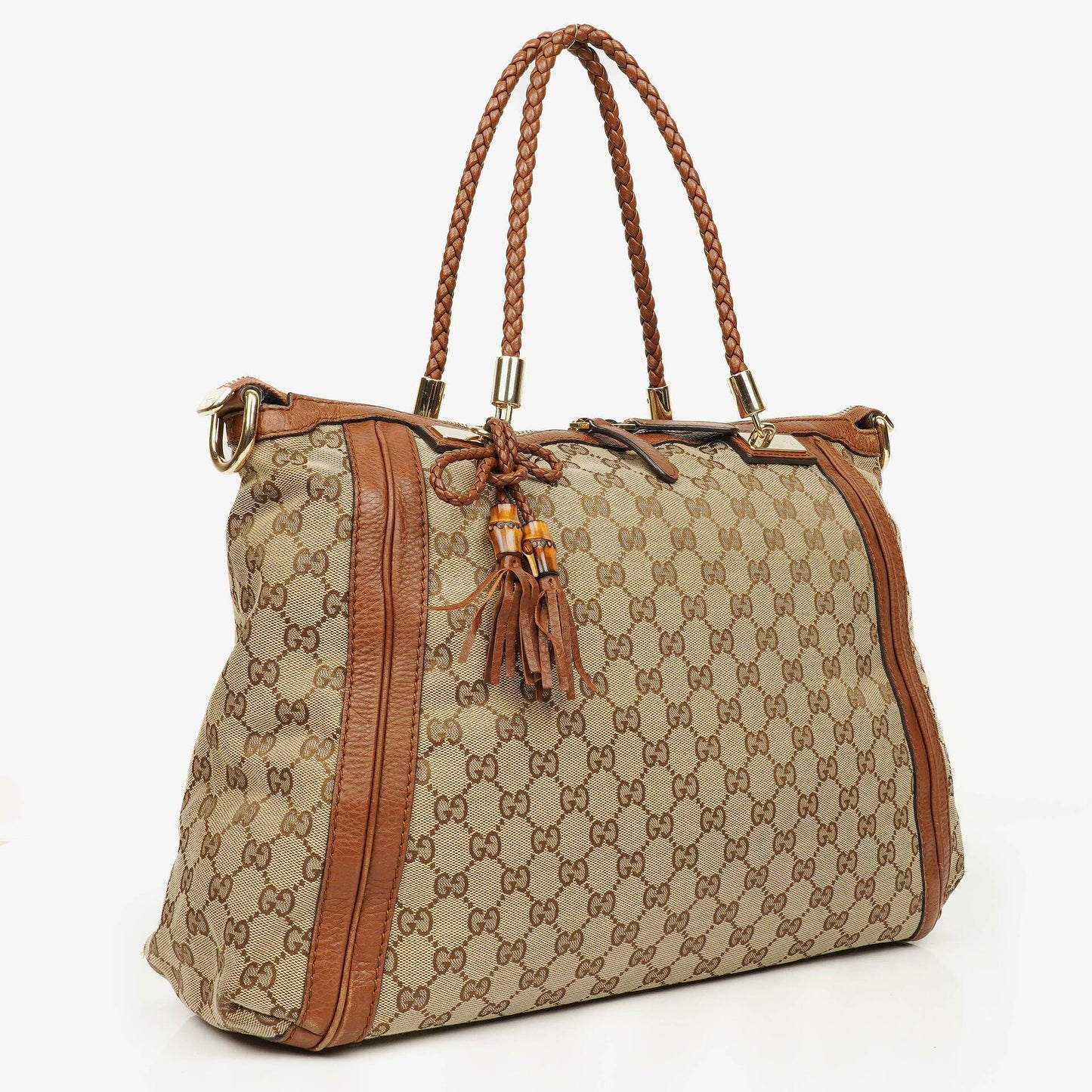 Gucci Bella Satchel Tote Tasche aus Monogramm Canvas mit geflochtenen Griffen