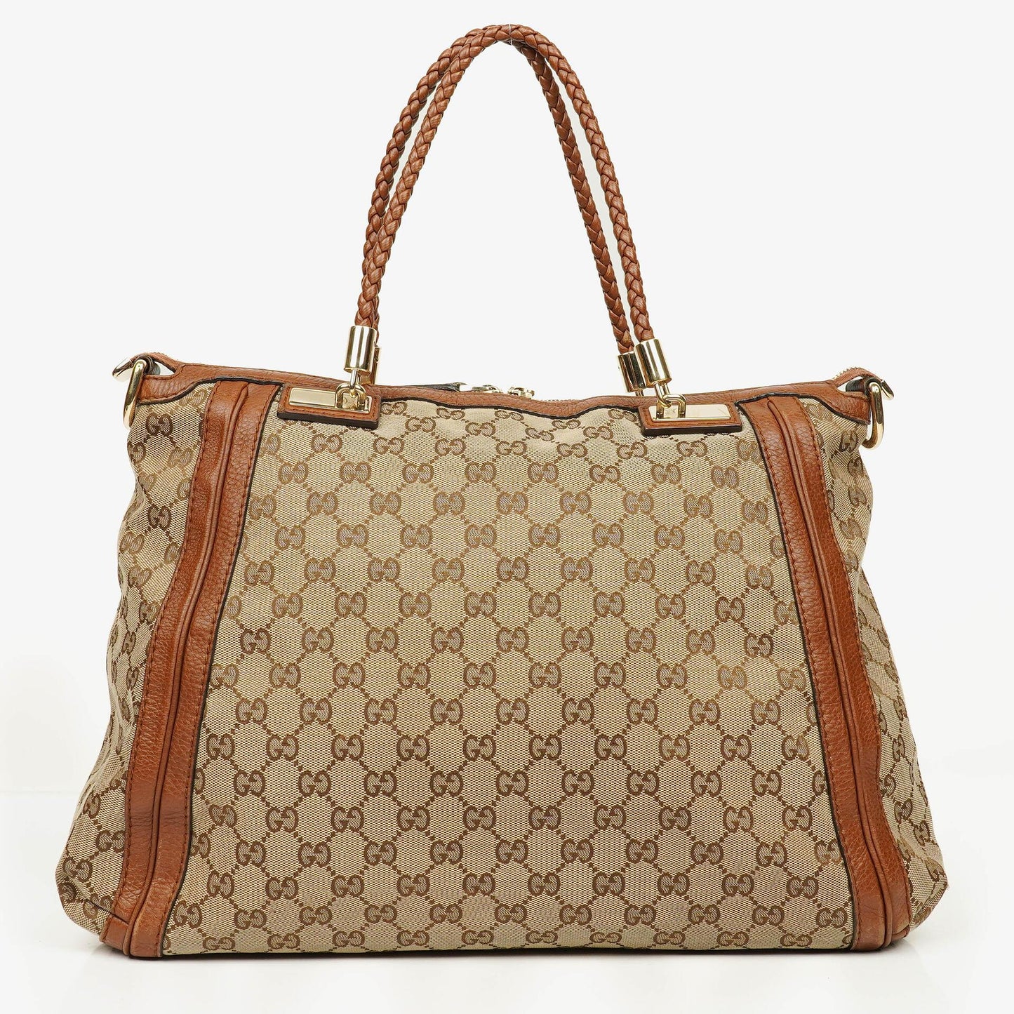 Gucci Bella Satchel Tote Tasche aus Monogramm Canvas mit geflochtenen Griffen