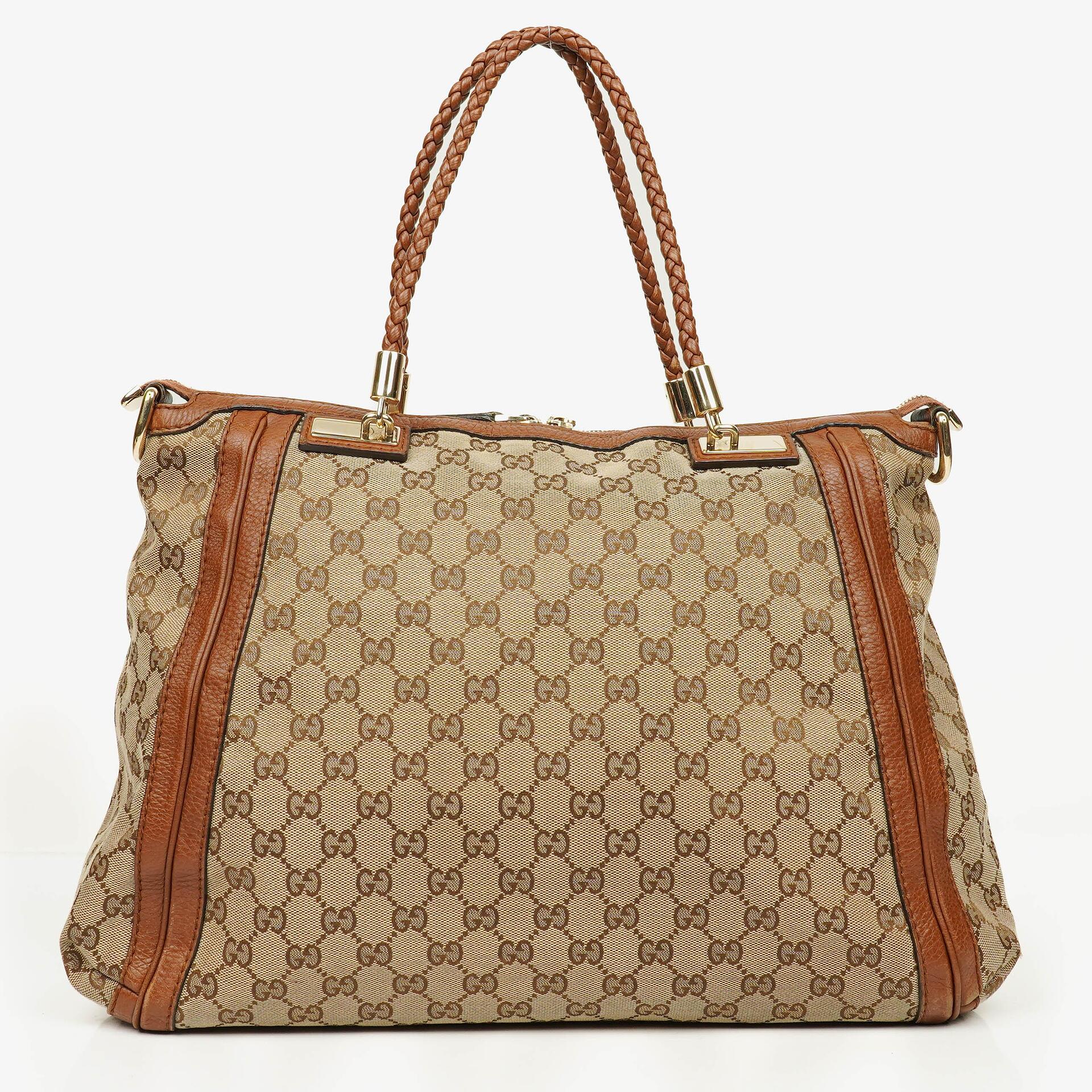 Gucci Bella Satchel Tote Tasche aus Monogramm Canvas mit geflochtenen Griffen
