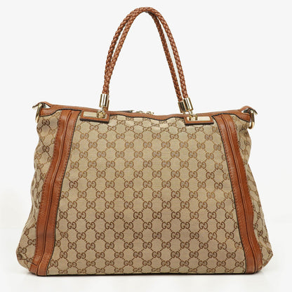 Gucci Bella Satchel Tote Tasche aus Monogramm Canvas mit geflochtenen Griffen
