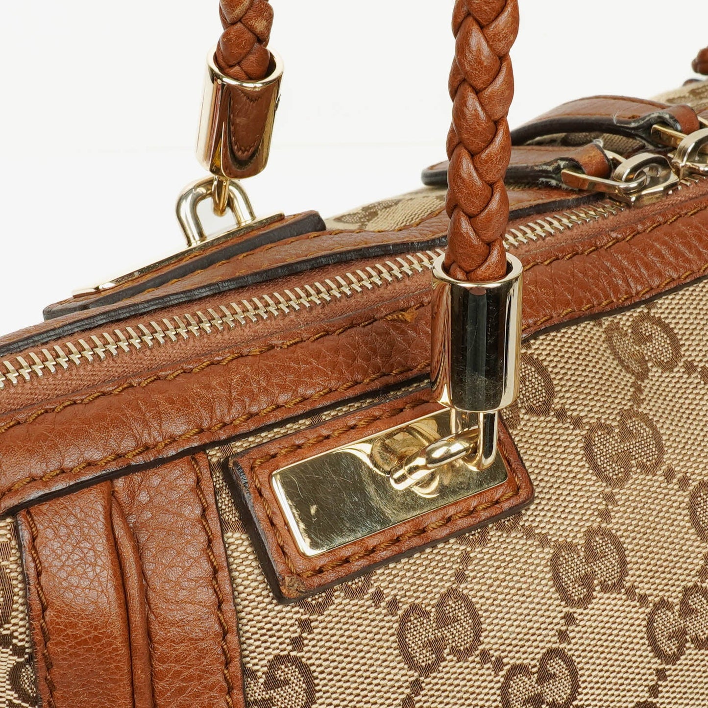 Gucci Bella Satchel Tote Tasche aus Monogramm Canvas mit geflochtenen Griffen
