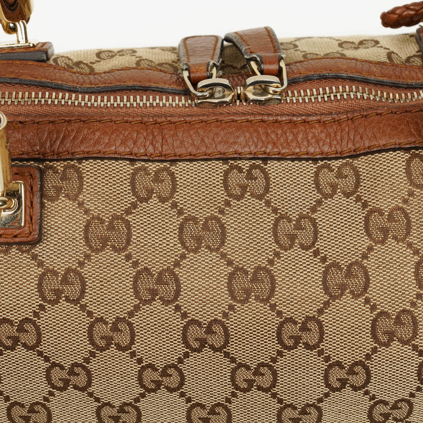 Gucci Bella Satchel Tote Tasche aus Monogramm Canvas mit geflochtenen Griffen
