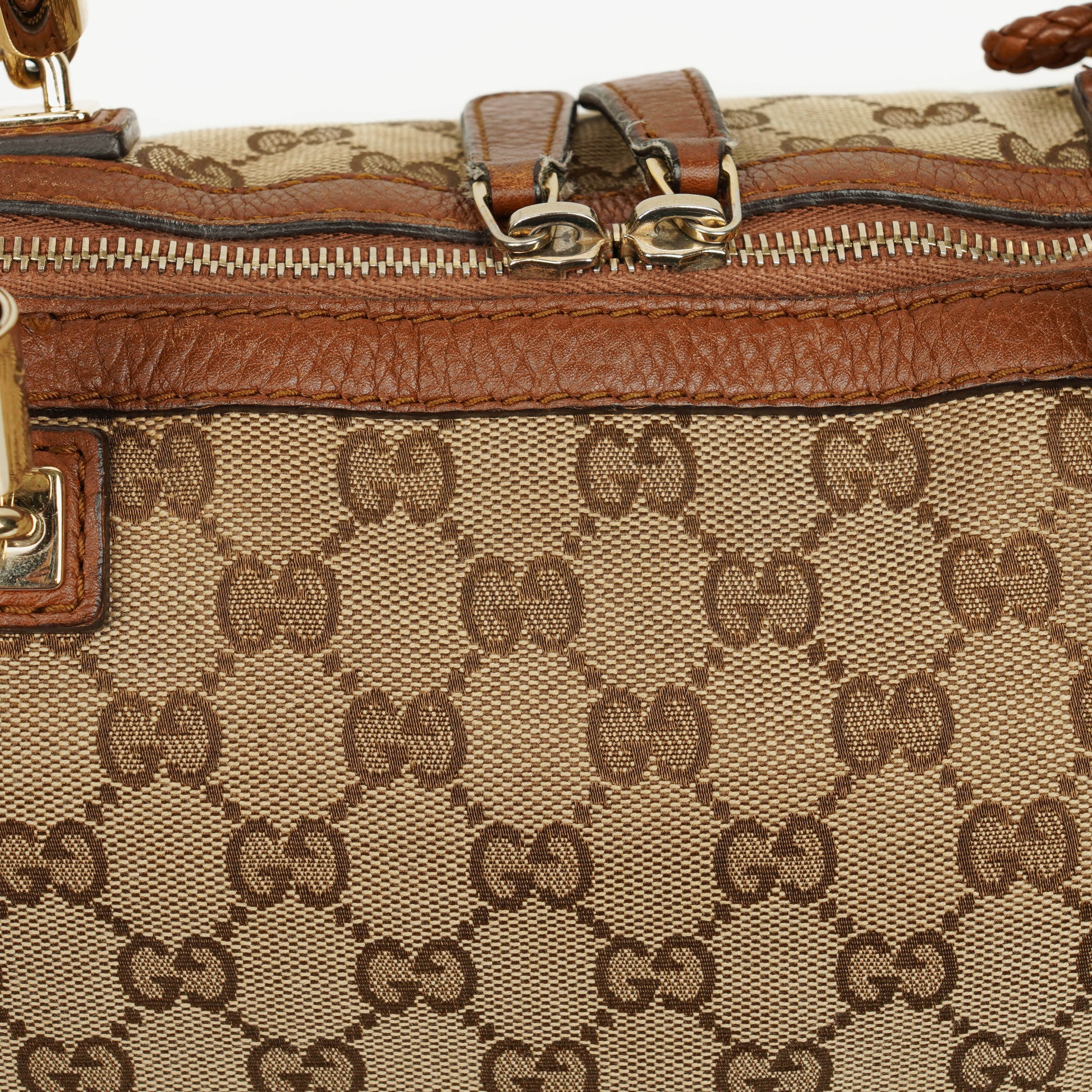 Gucci Bella Satchel Tote Tasche aus Monogramm Canvas mit geflochtenen Griffen