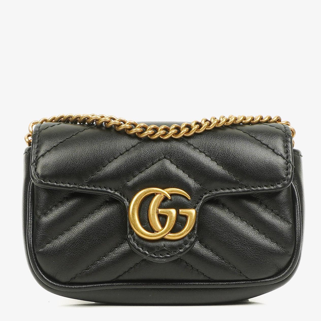 Gucci GG Marmont 2.0 Münztasche an Kette aus schwarzem Matelassé-Kalbsleder