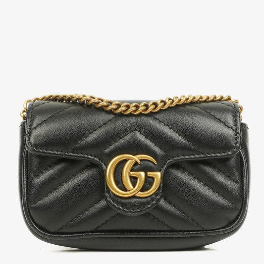 Gucci GG Marmont 2.0 Münztasche an Kette aus schwarzem Matelassé-Kalbsleder