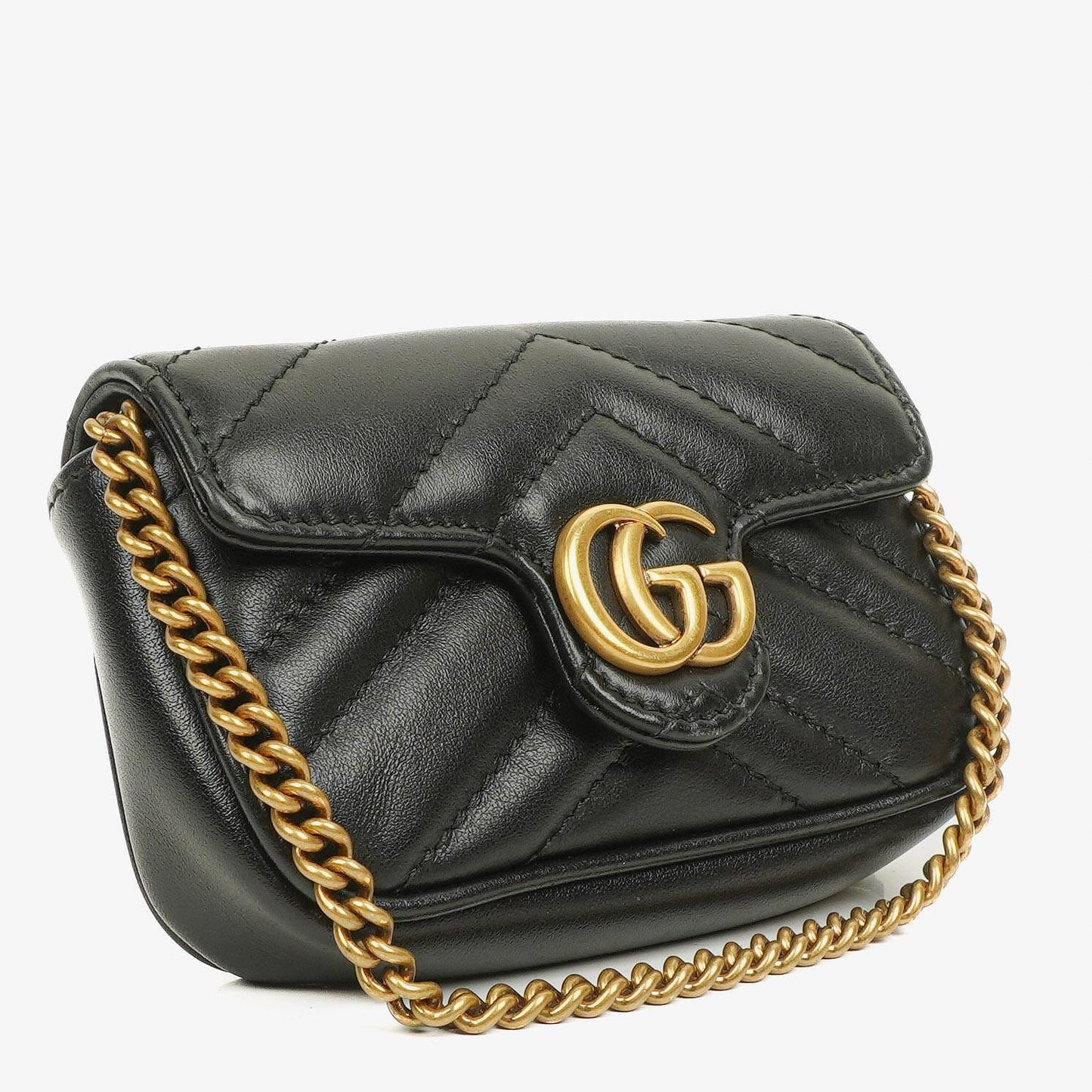 Gucci GG Marmont 2.0 Münztasche an Kette aus schwarzem Matelassé-Kalbsleder