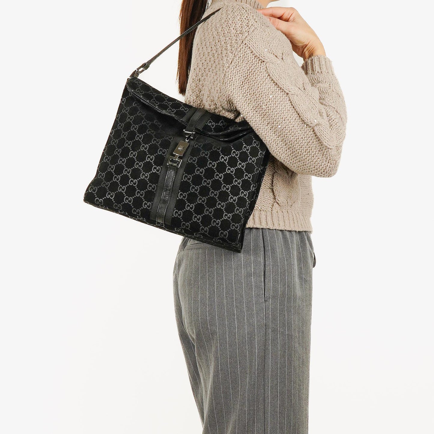 Gucci Jackie GG quadratische Tasche aus schwarzem Wildleder