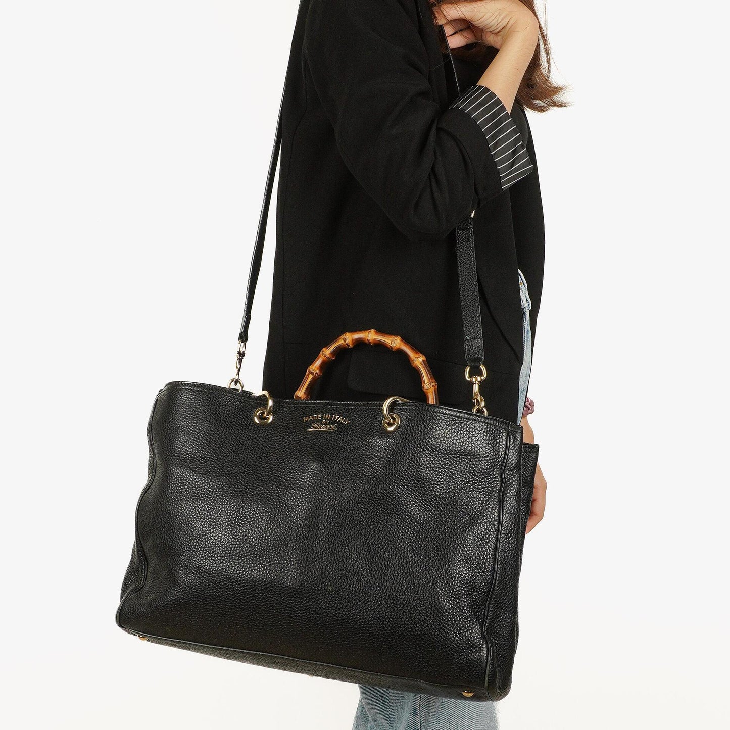Gucci Große Bamboo Shopper Tragetasche mit Griff aus schwarzem genarbtem Leder