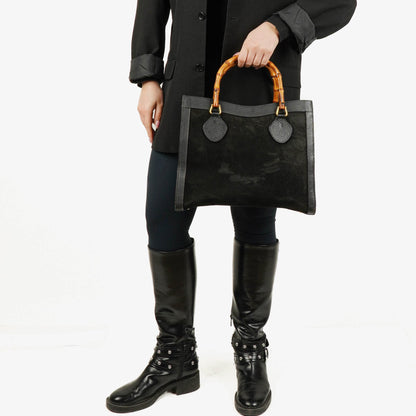 Gucci Diana Bamboo Tote aus schwarzem Vintage-Wildleder und Leder
