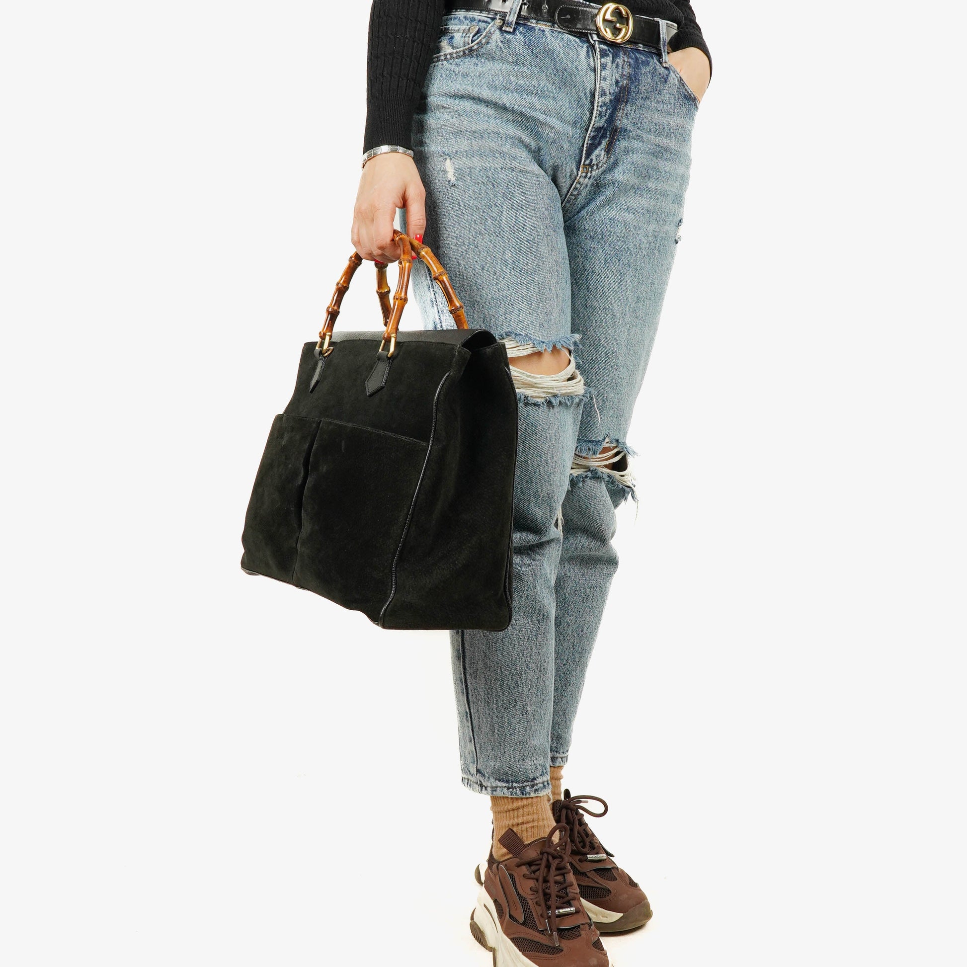 Gucci Vintage Tote aus schwarzem Wildleder mit Bambus