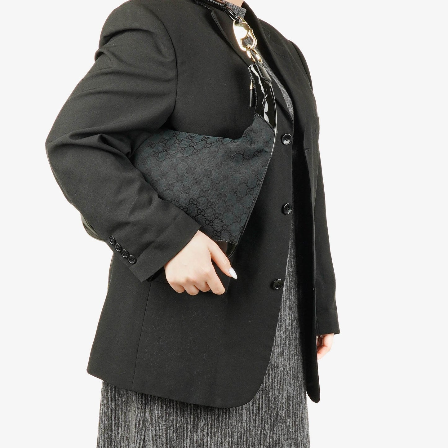Gucci Ring Hobo Bag aus schwarz/navy GG Canvas mit geflochtenem Griff