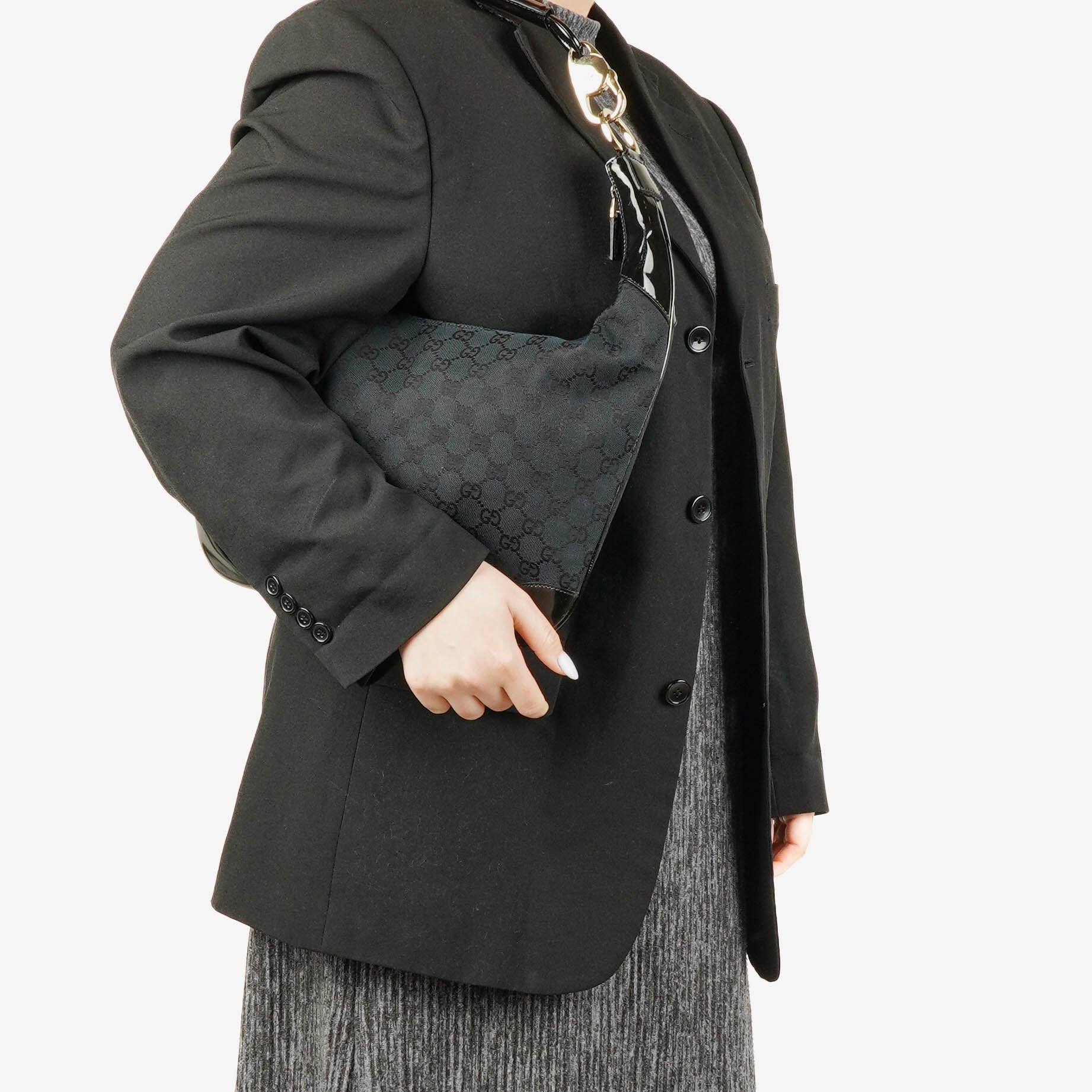 Gucci Ring Hobo Bag aus schwarz/navy GG Canvas mit geflochtenem Griff