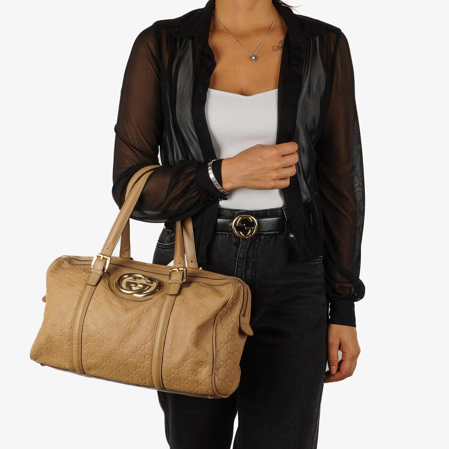 Gucci Britt Beigefarbene Guccissima Leder Boston Tasche
