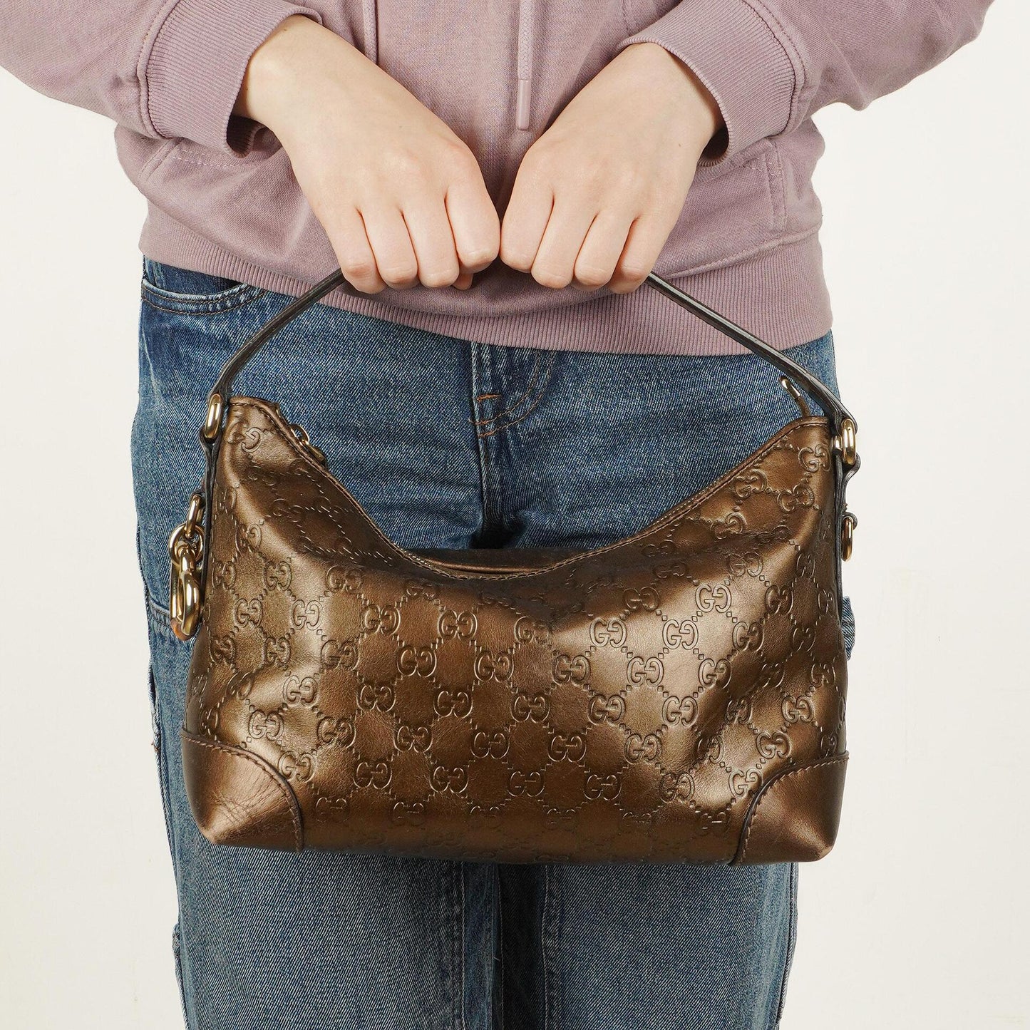 Gucci Heart Bit Hobo-Tasche aus bronzefarbenem Metallic Guccissima Leder