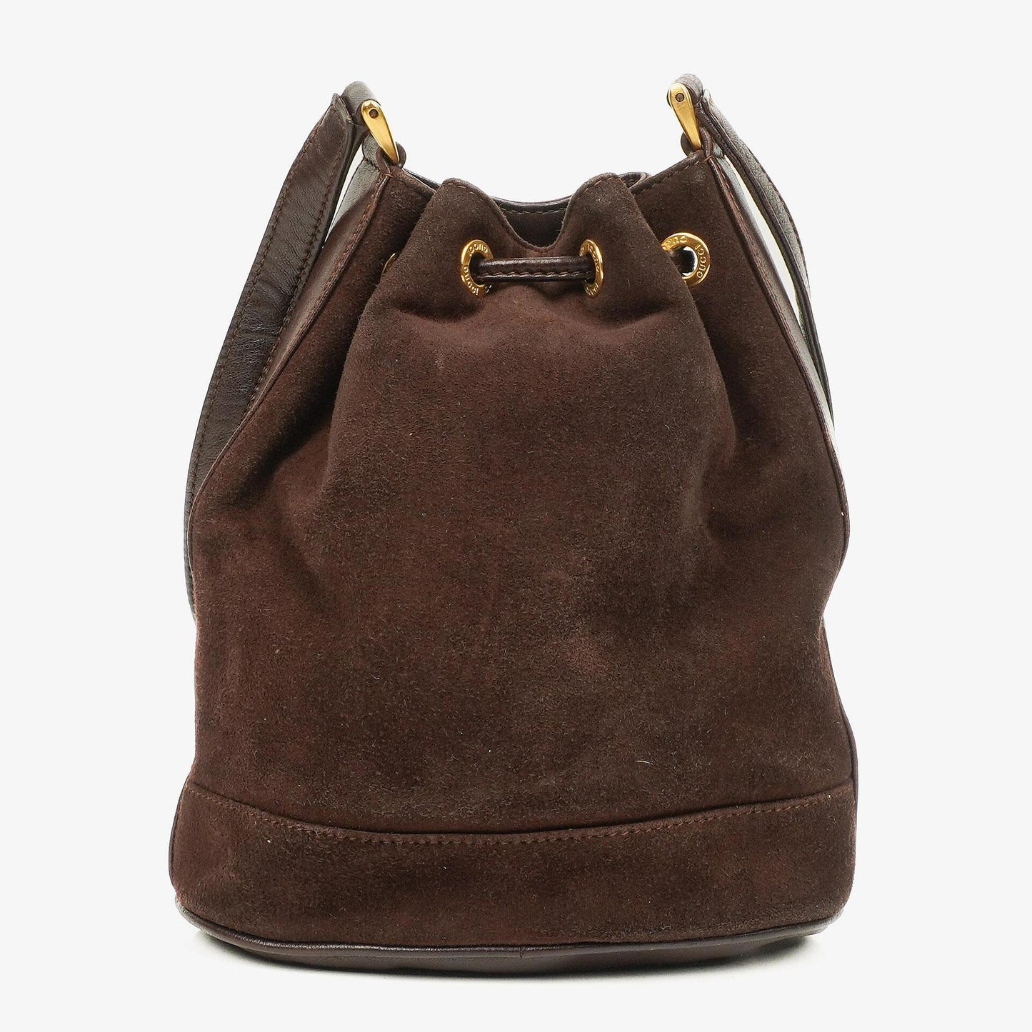 Gucci Bucket Bag aus braunem Leder und Wildleder mit Horsebit-Kette und Zugband