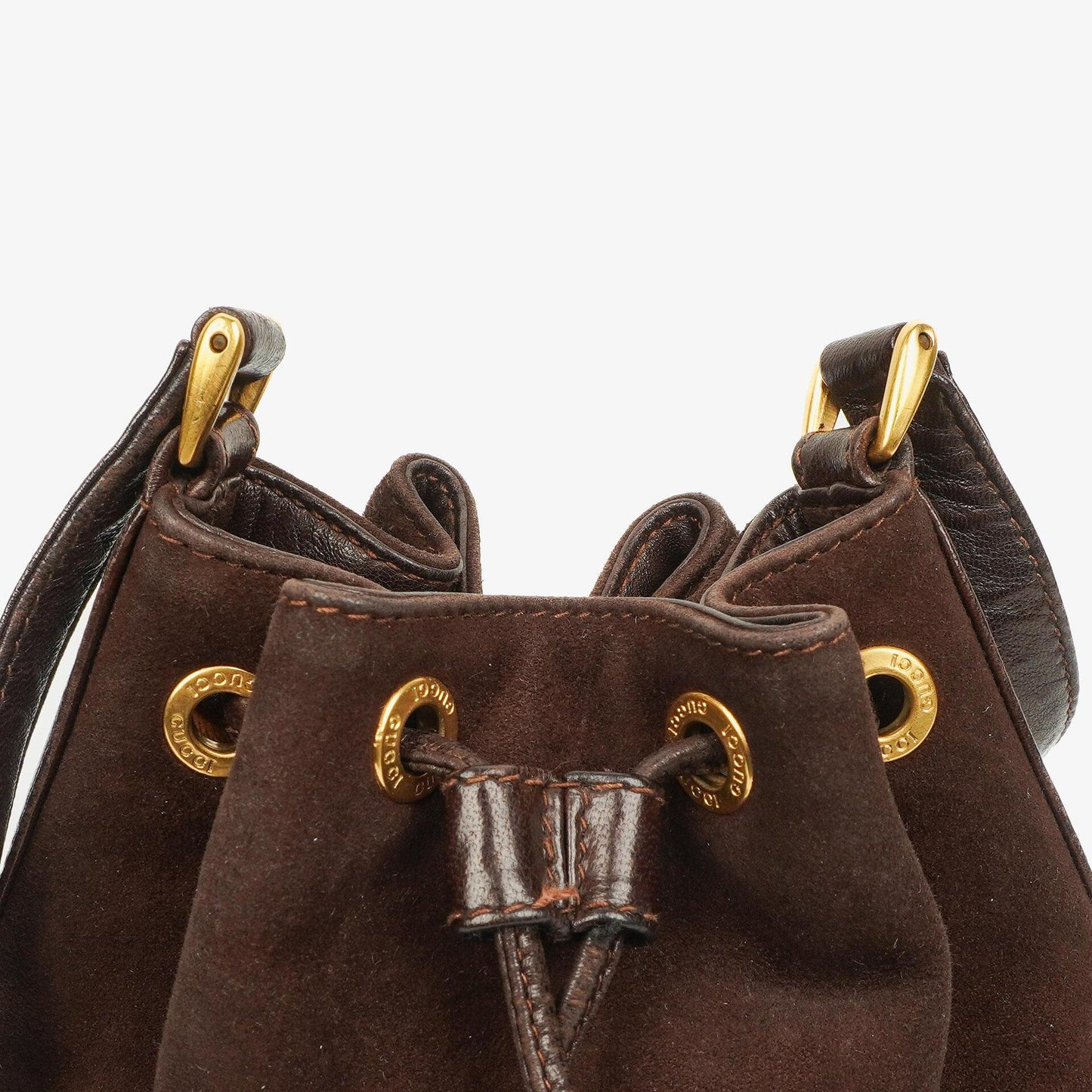 Gucci Bucket Bag aus braunem Leder und Wildleder mit Horsebit-Kette und Zugband