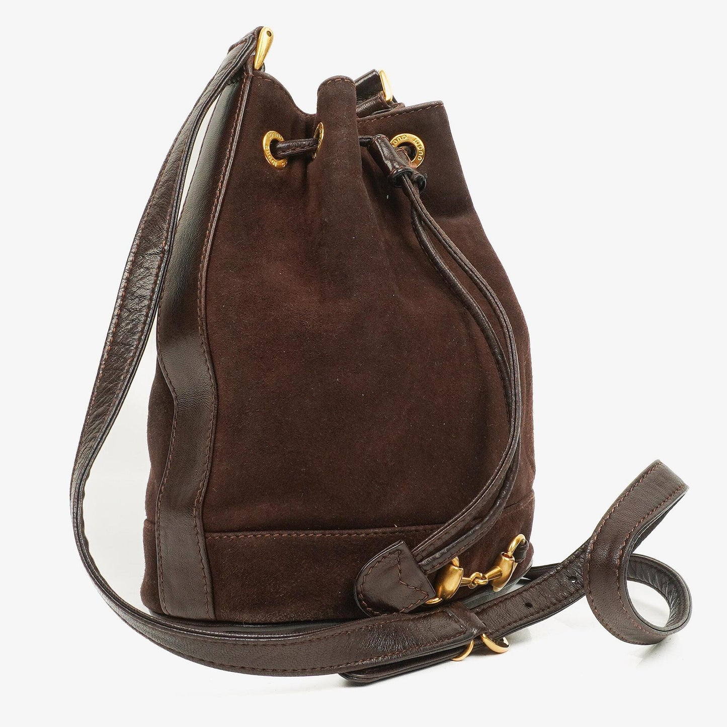 Gucci Bucket Bag aus braunem Leder und Wildleder mit Horsebit-Kette und Zugband