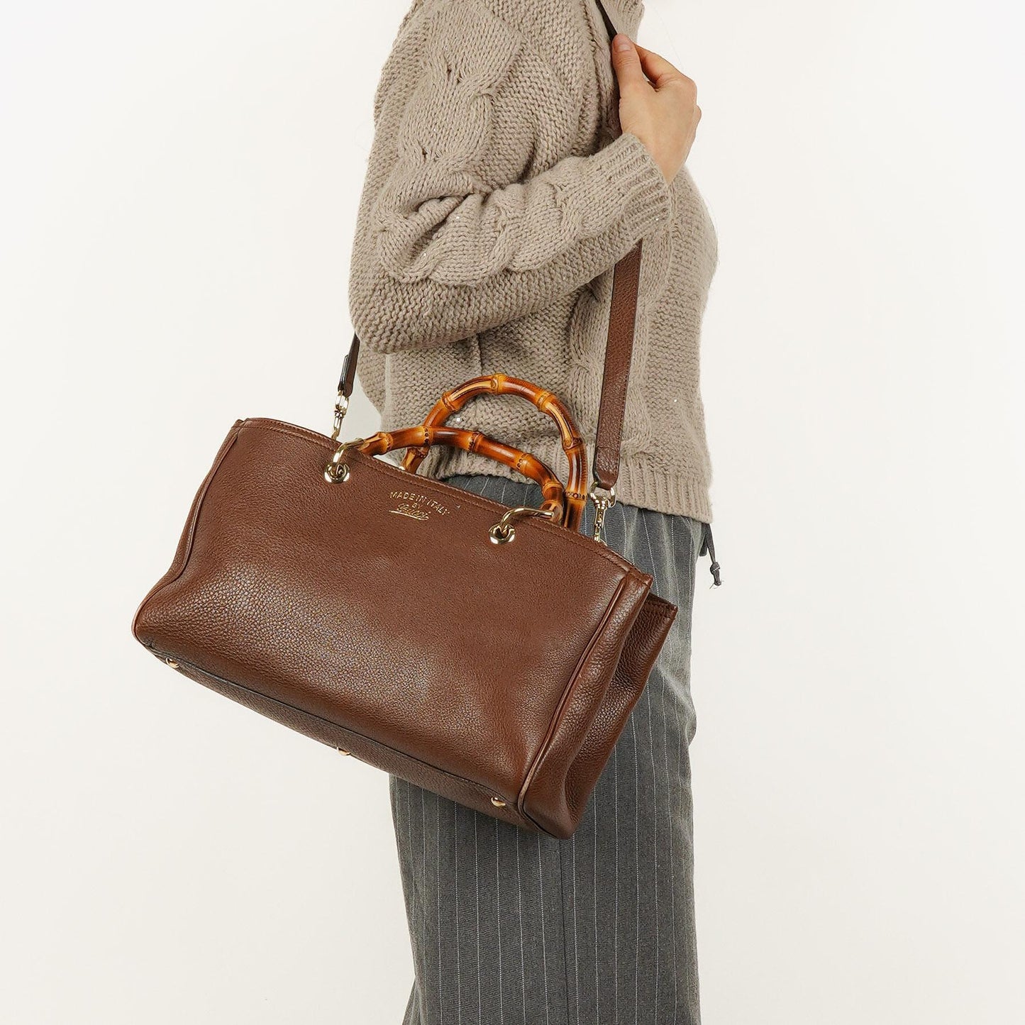 Gucci Medium Bamboo Shopper Tote aus braunem genarbtem Kalbsleder