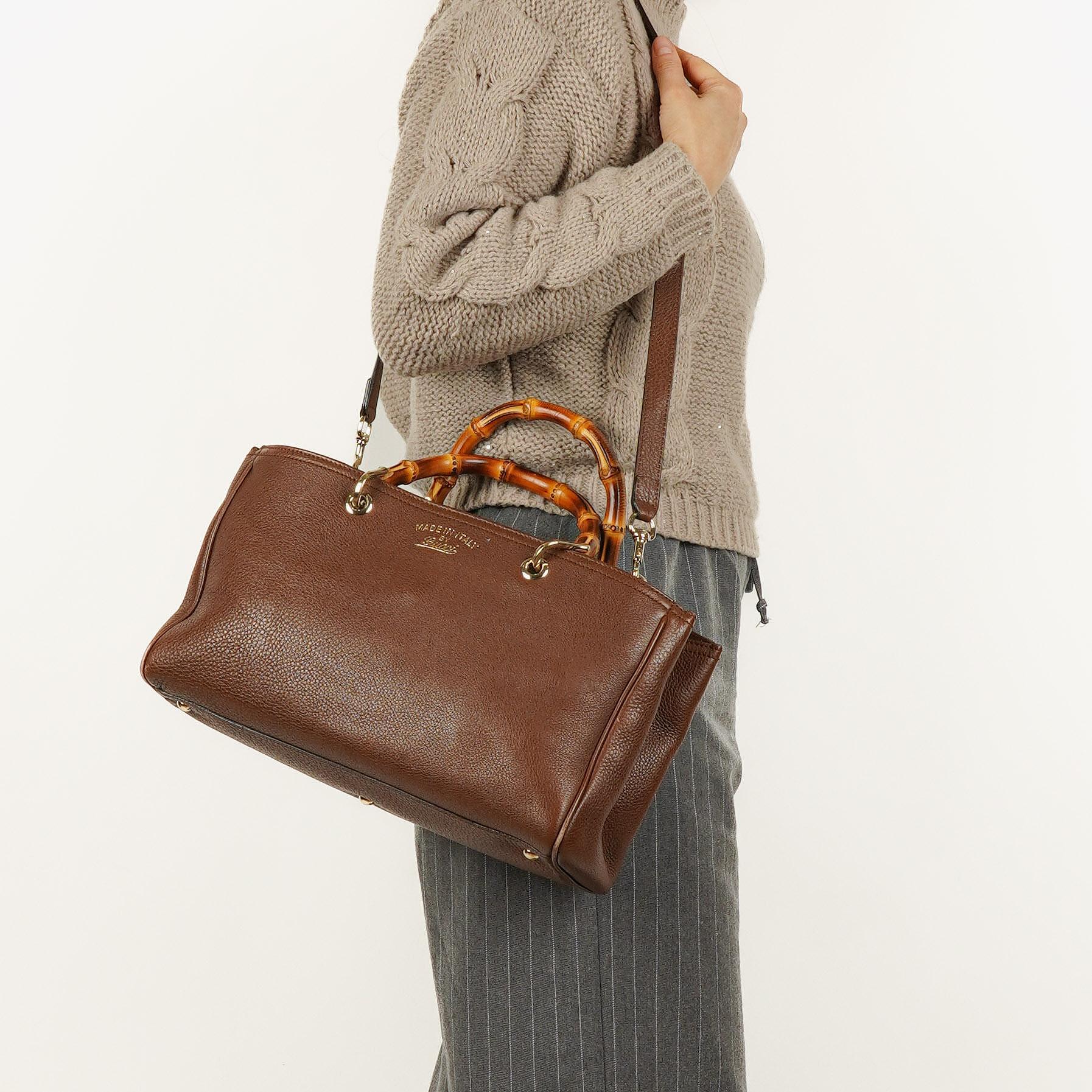 Gucci Medium Bamboo Shopper Tote aus braunem genarbtem Kalbsleder