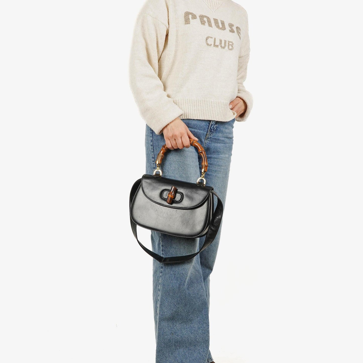 Gucci Convertible Bamboo Tasche mit Obergriff aus schwarzem Leder
