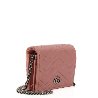 Gucci GG Marmont Kleine Geldbörse an Kette Rosa Leder Silberfarbene Beschläge