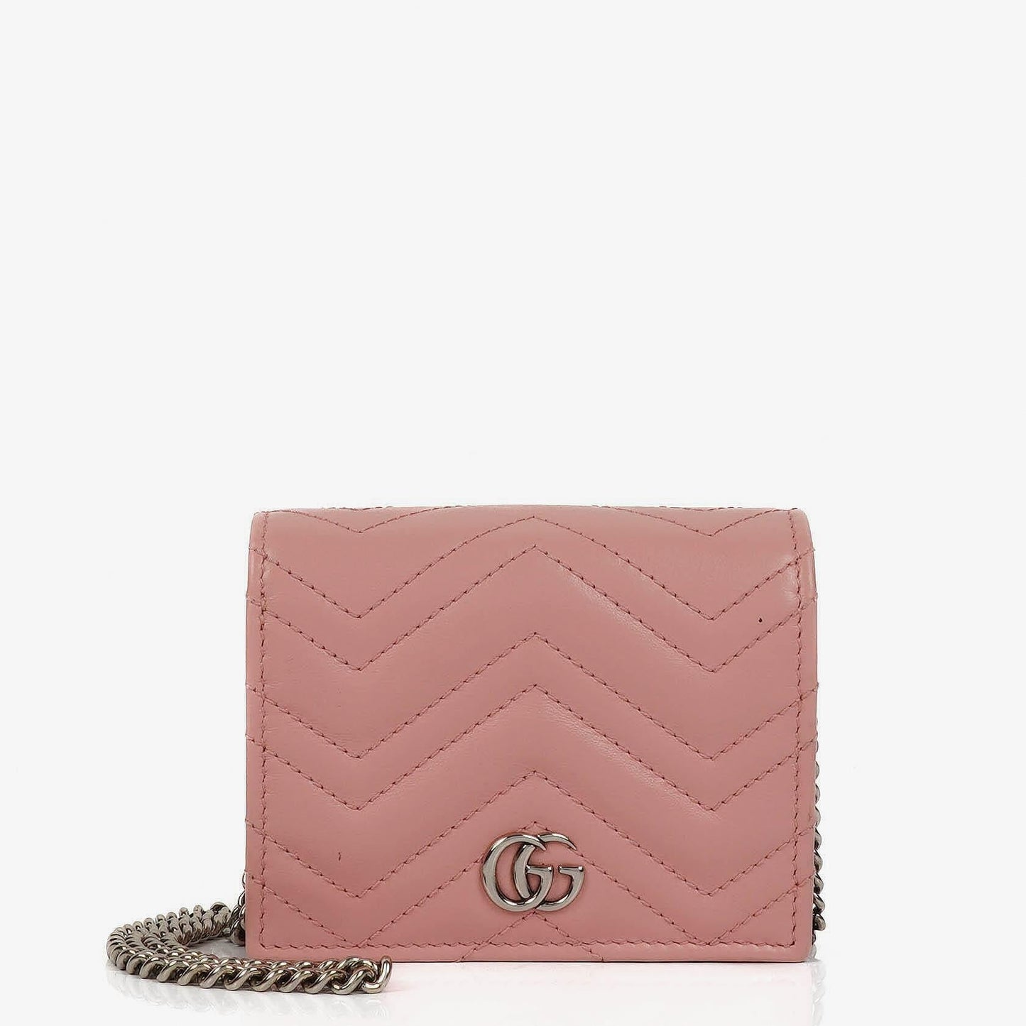 Gucci GG Marmont Kleine Geldbörse an Kette Rosa Leder Silberfarbene Beschläge