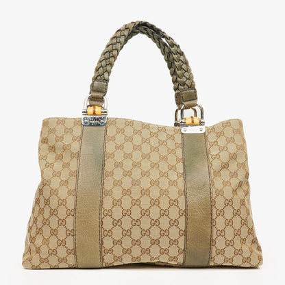 Gucci GG Monogram Canvas Top-Handle-Tasche in Beige mit Bambusgriff