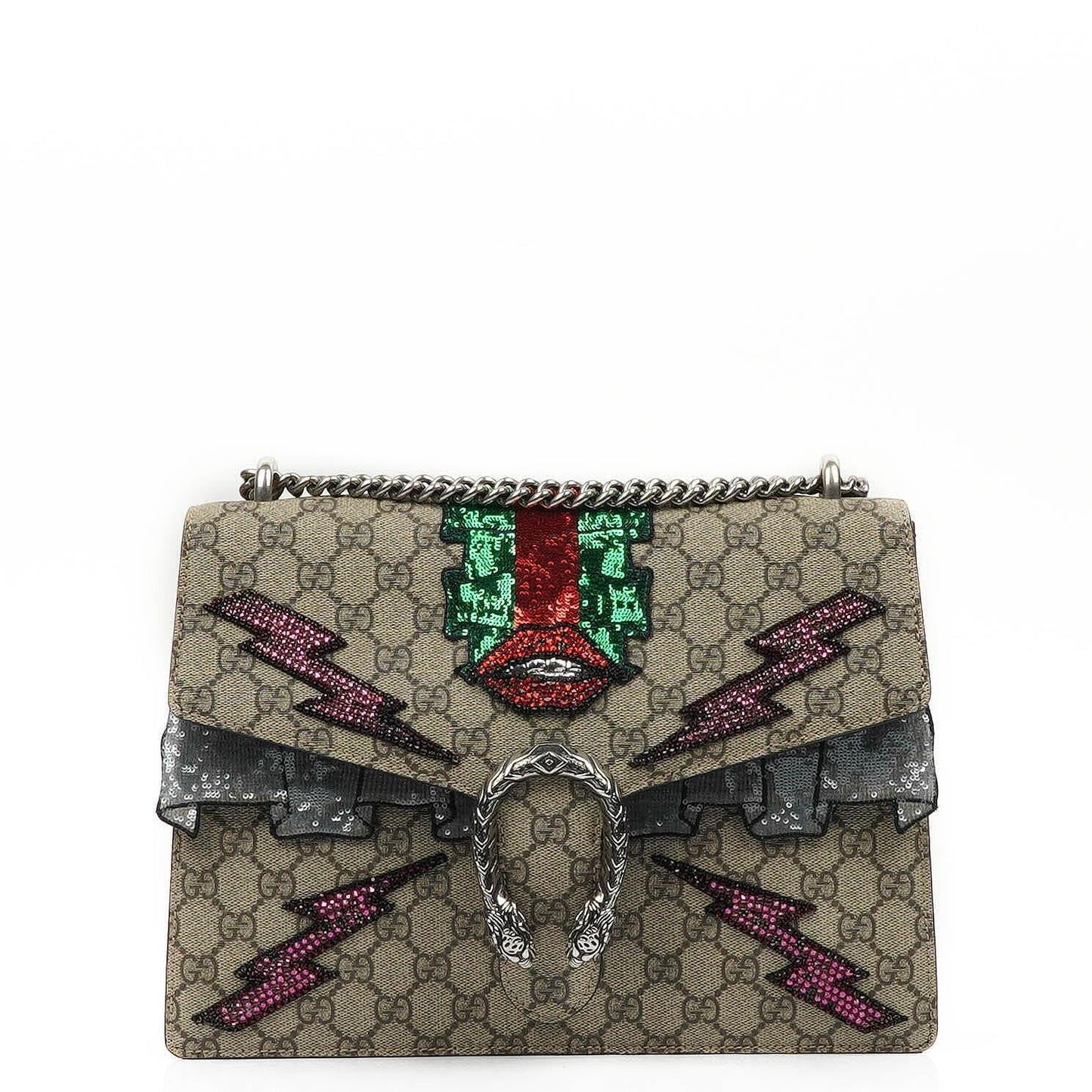 Gucci Medium Dionysus Schultertasche aus GG Supreme Monogram mit Lightning-Stickerei
