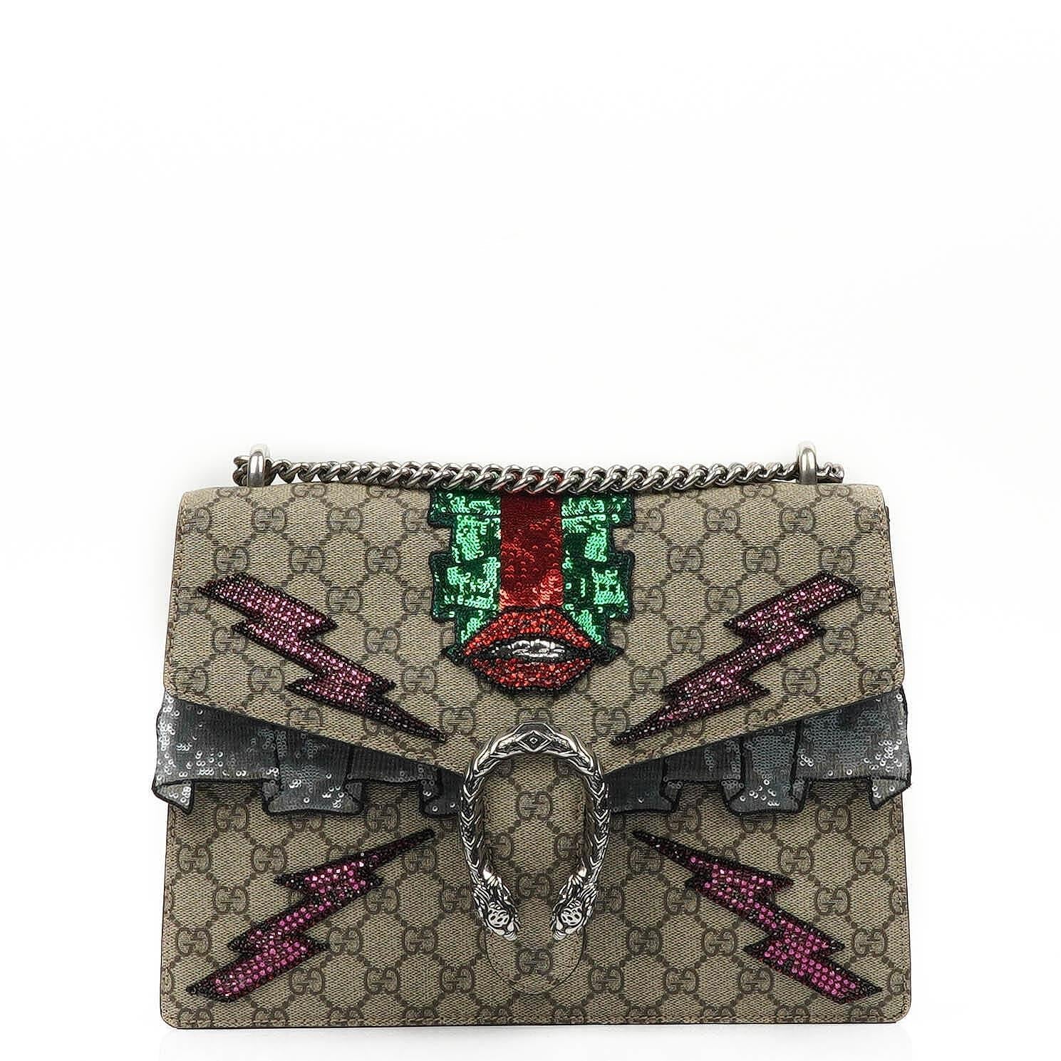 Gucci Medium Dionysus Schultertasche aus GG Supreme Monogram mit Lightning-Stickerei
