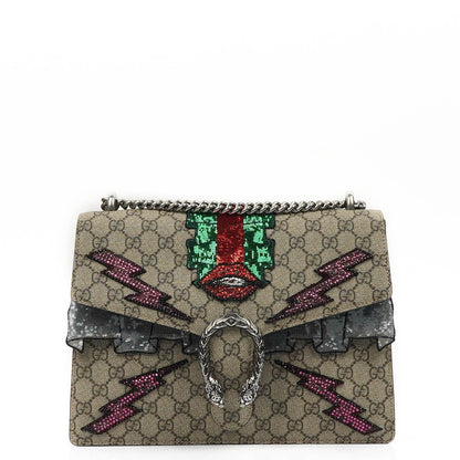 Gucci Medium Dionysus Schultertasche aus GG Supreme Monogram mit Lightning-Stickerei