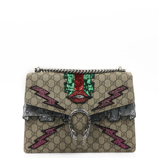 Gucci Medium Dionysus Schultertasche aus GG Supreme Monogram mit Lightning-Stickerei