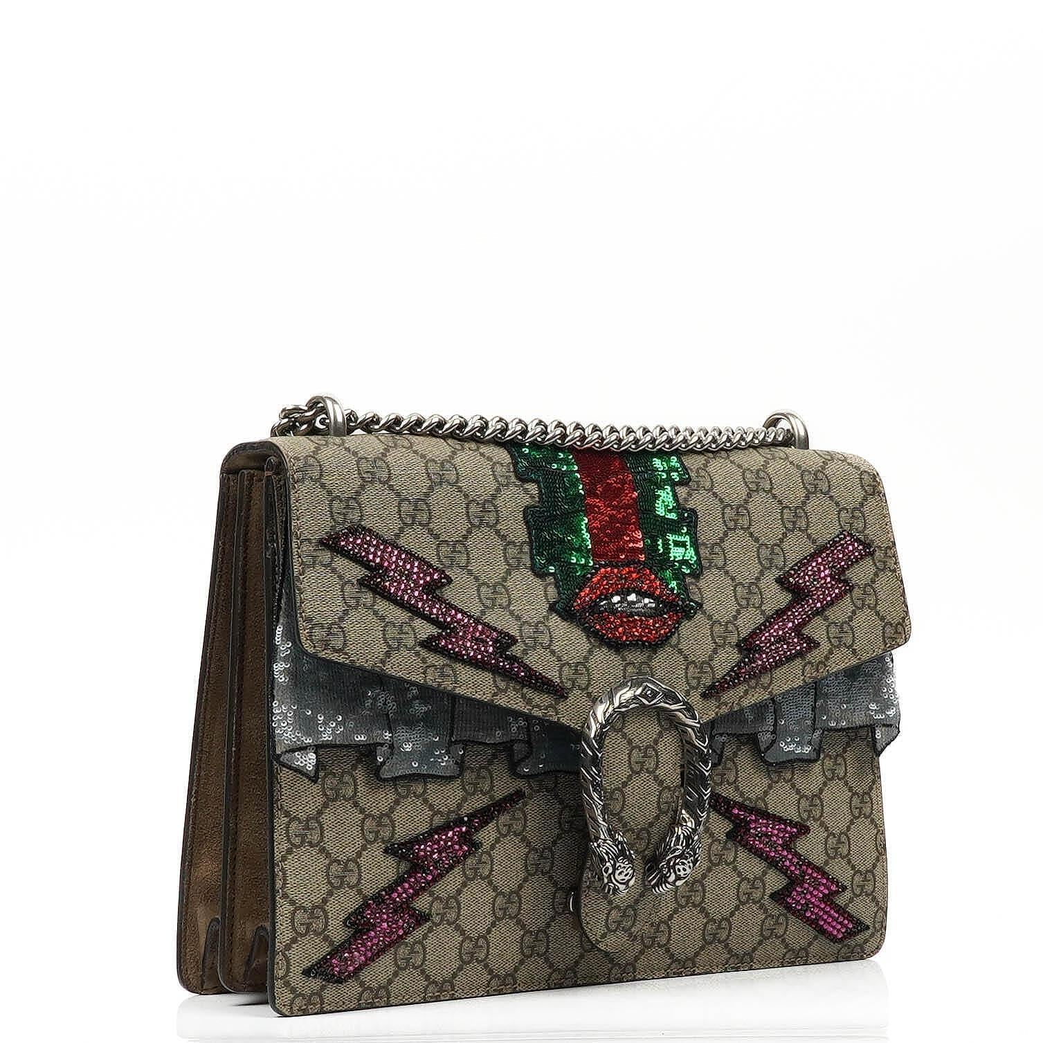 Gucci Medium Dionysus Schultertasche aus GG Supreme Monogram mit Lightning-Stickerei