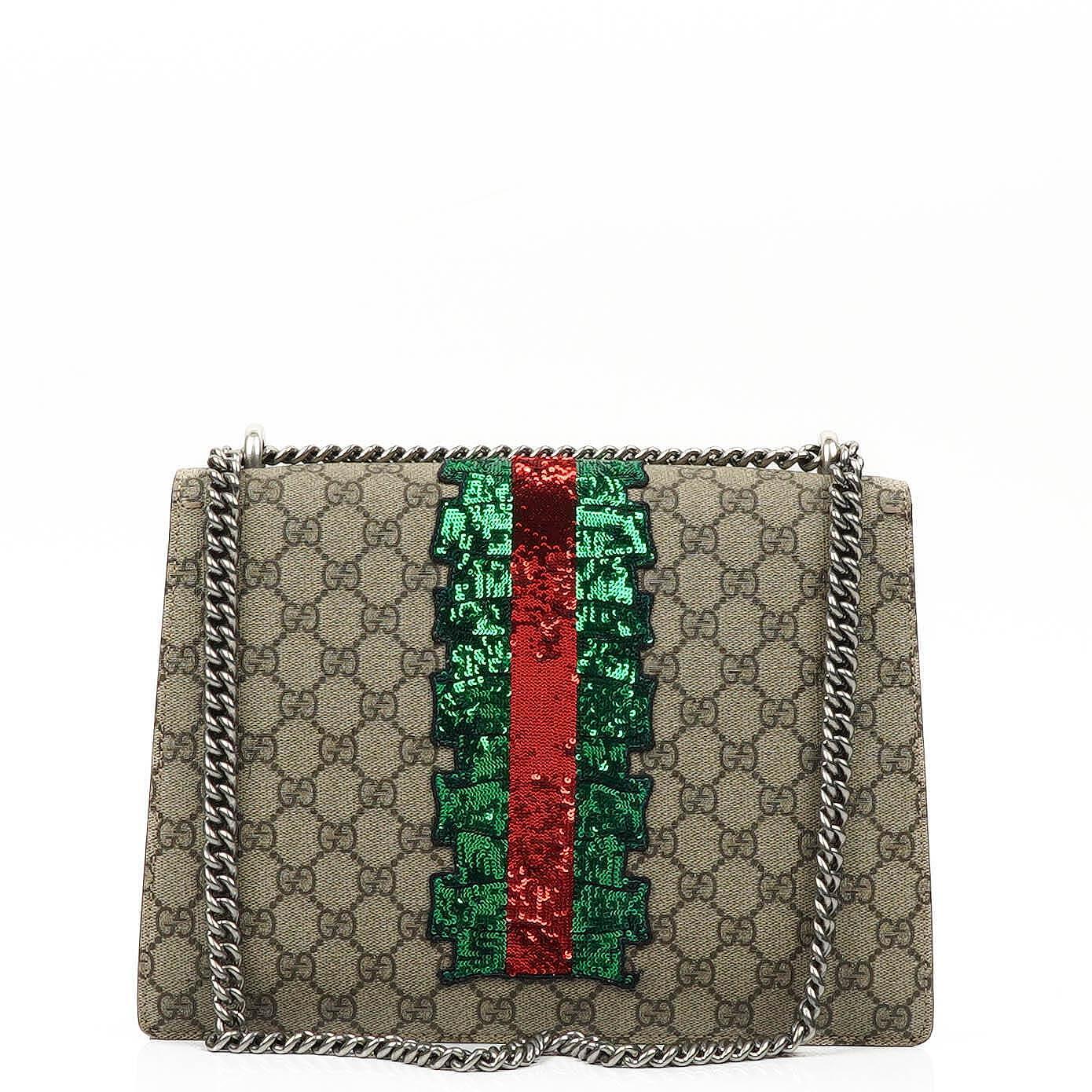 Gucci Medium Dionysus Schultertasche aus GG Supreme Monogram mit Lightning-Stickerei