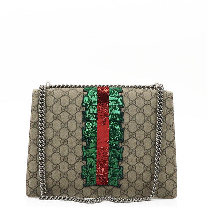 Gucci Medium Dionysus Schultertasche aus GG Supreme Monogram mit Lightning-Stickerei