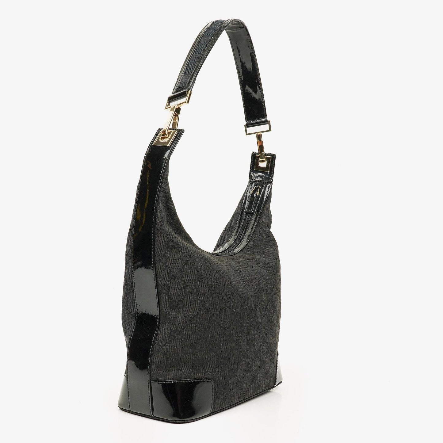 Gucci Hobo Schultertasche aus schwarzem GG Canvas und Lackleder