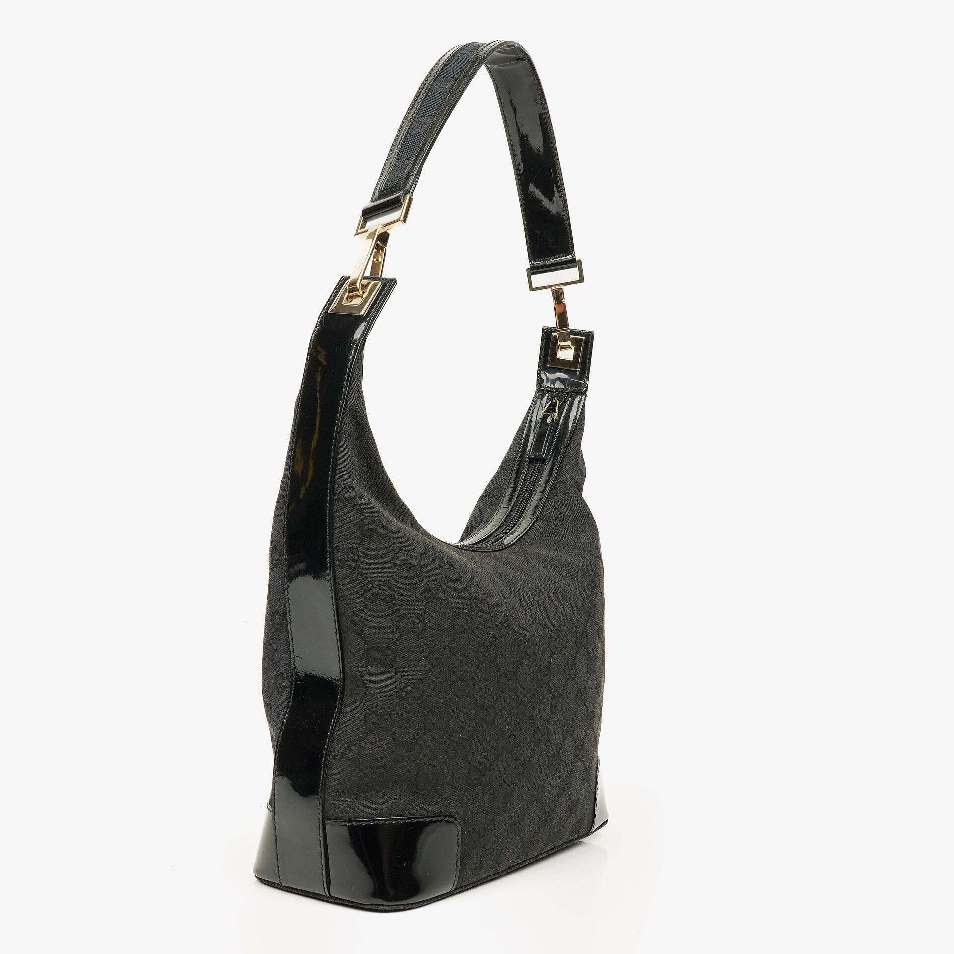 Gucci Hobo Schultertasche aus schwarzem GG Canvas und Lackleder