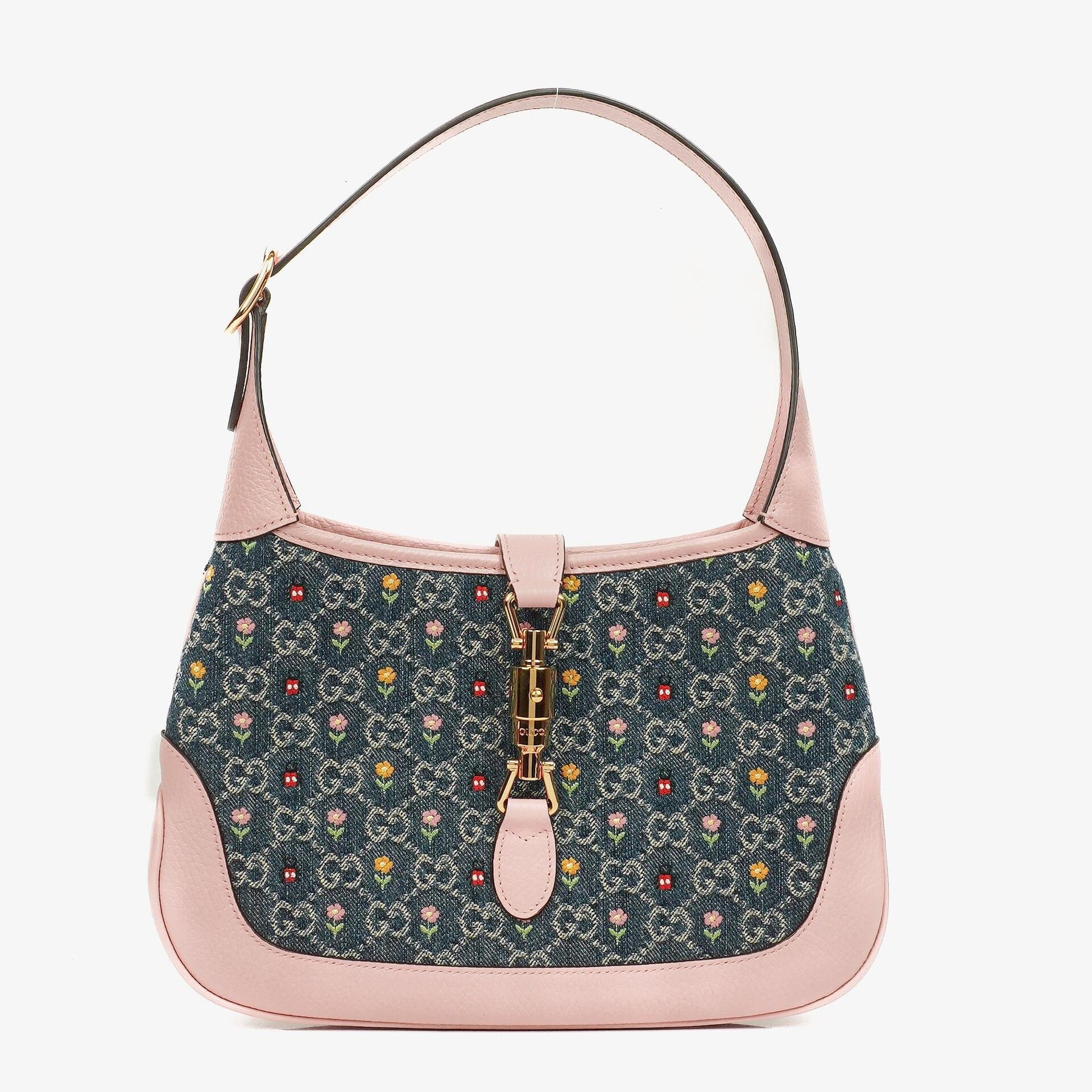 Gucci Jackie 1961 Limited Edition kleine Schultertasche aus Leder/Denim in Pink/Blau mit GG Floral