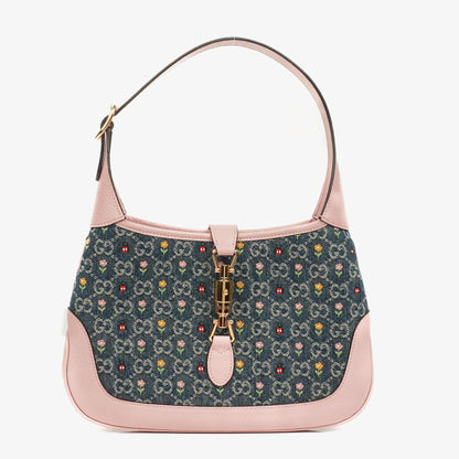 Gucci Jackie 1961 Limited Edition kleine Schultertasche aus Leder/Denim in Pink/Blau mit GG Floral