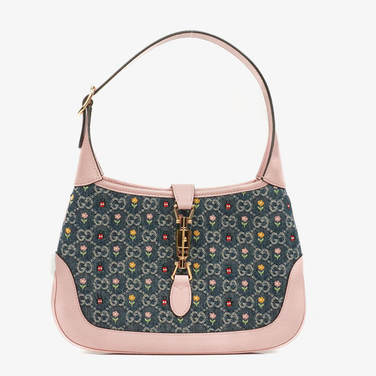 Gucci Jackie 1961 Limited Edition kleine Schultertasche aus Leder/Denim in Pink/Blau mit GG Floral
