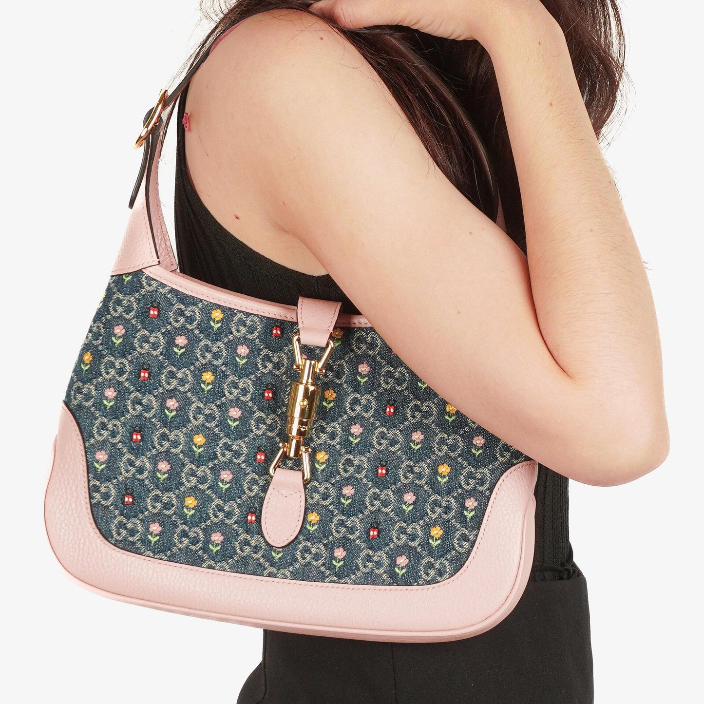 Gucci Jackie 1961 Limited Edition kleine Schultertasche aus Leder/Denim in Pink/Blau mit GG Floral