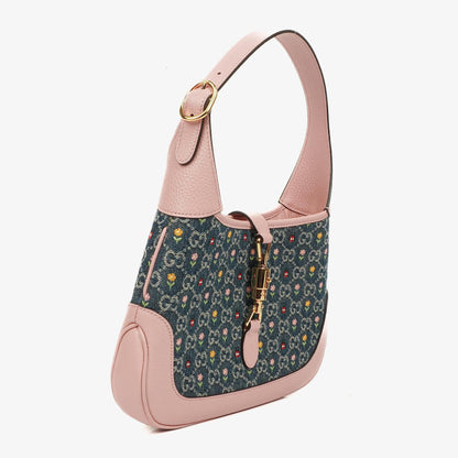 Gucci Jackie 1961 Limited Edition kleine Schultertasche aus Leder/Denim in Pink/Blau mit GG Floral