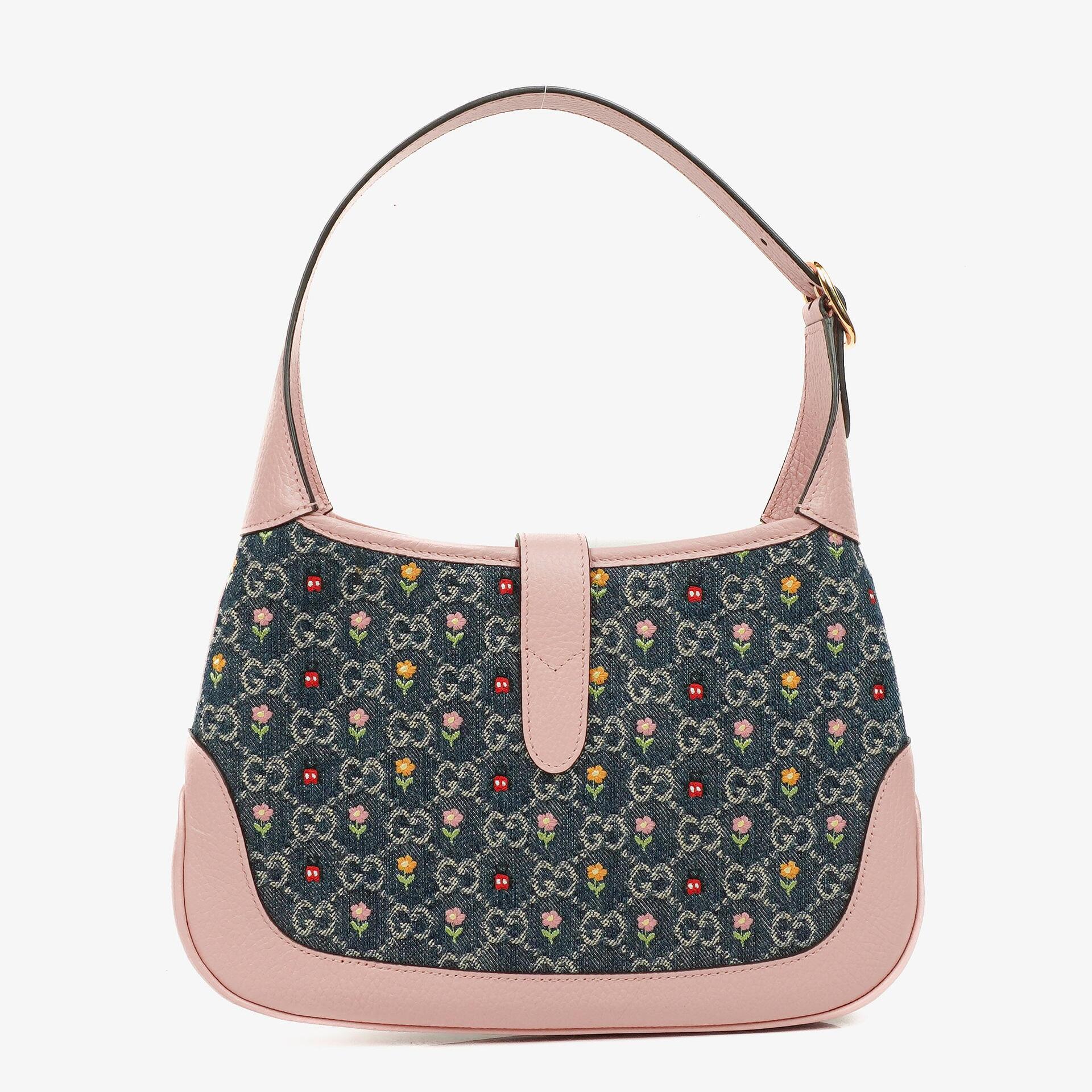 Gucci Jackie 1961 Limited Edition kleine Schultertasche aus Leder/Denim in Pink/Blau mit GG Floral