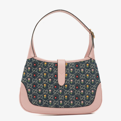 Gucci Jackie 1961 Limited Edition kleine Schultertasche aus Leder/Denim in Pink/Blau mit GG Floral