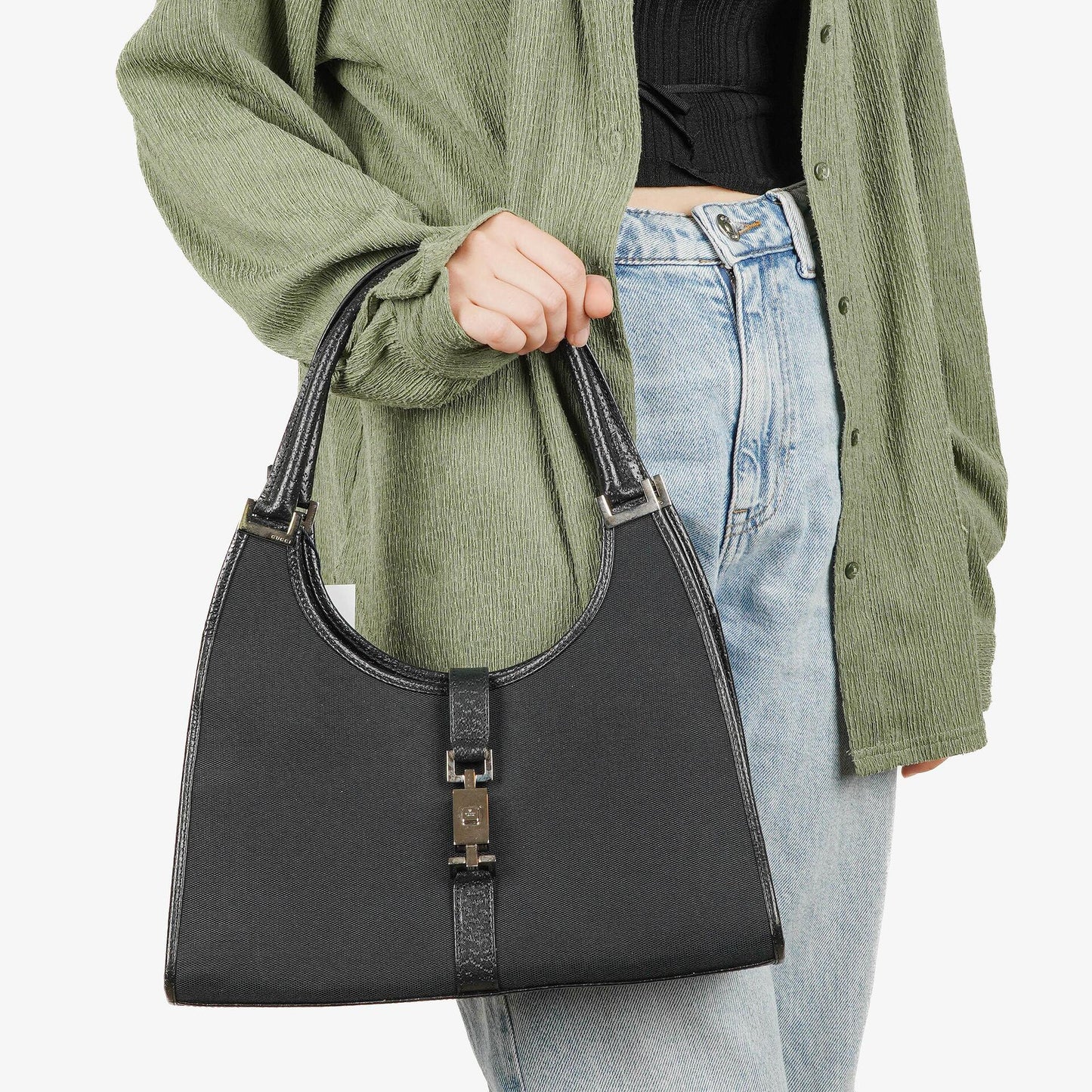 Gucci Jackie Schultertasche aus schwarzem Canvas