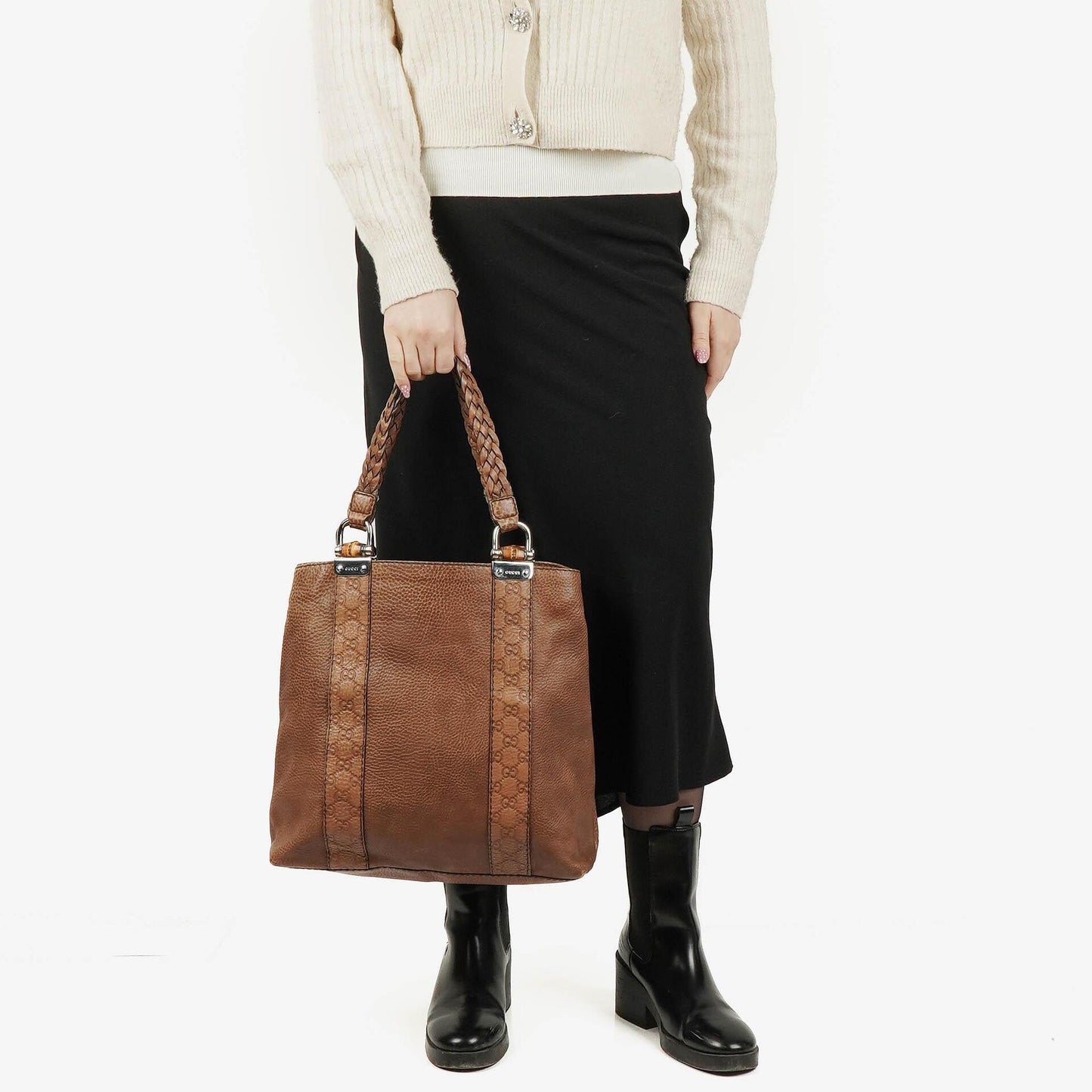 Gucci Tragetasche aus Leder mit Bambus-Bar und geflochtenen Griffen