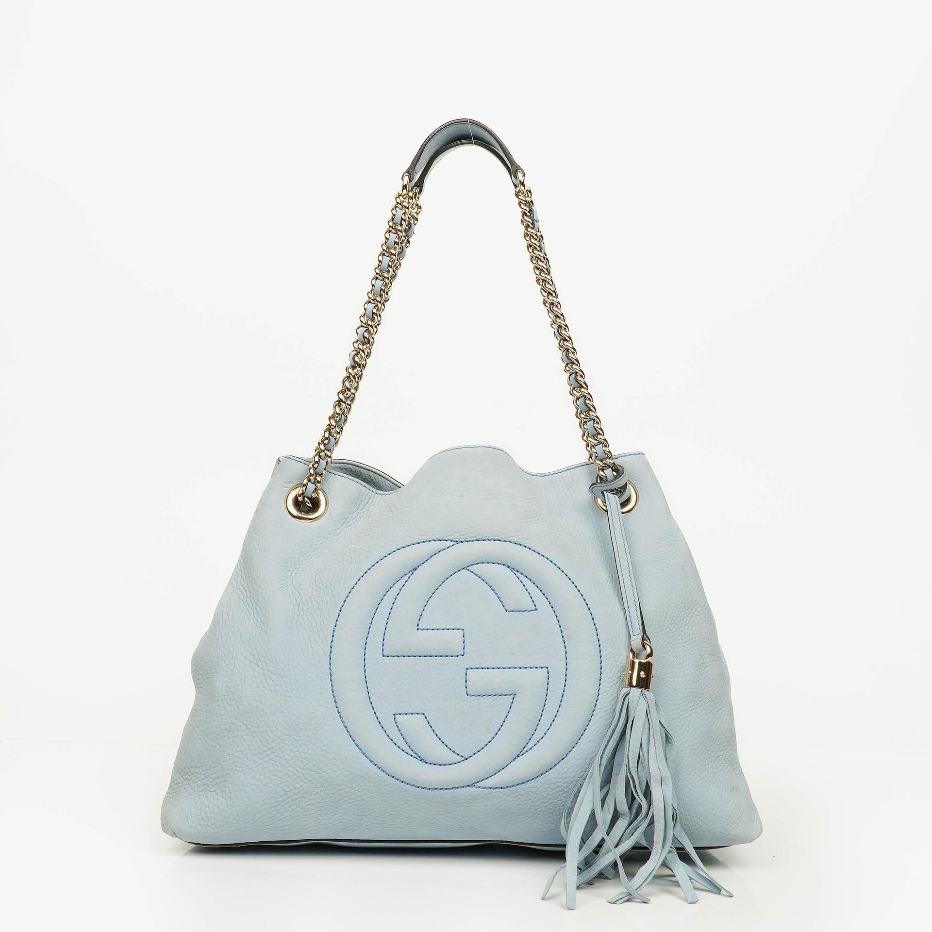Gucci Soho Tote mit Obergriff aus hellblauem genarbtem Leder