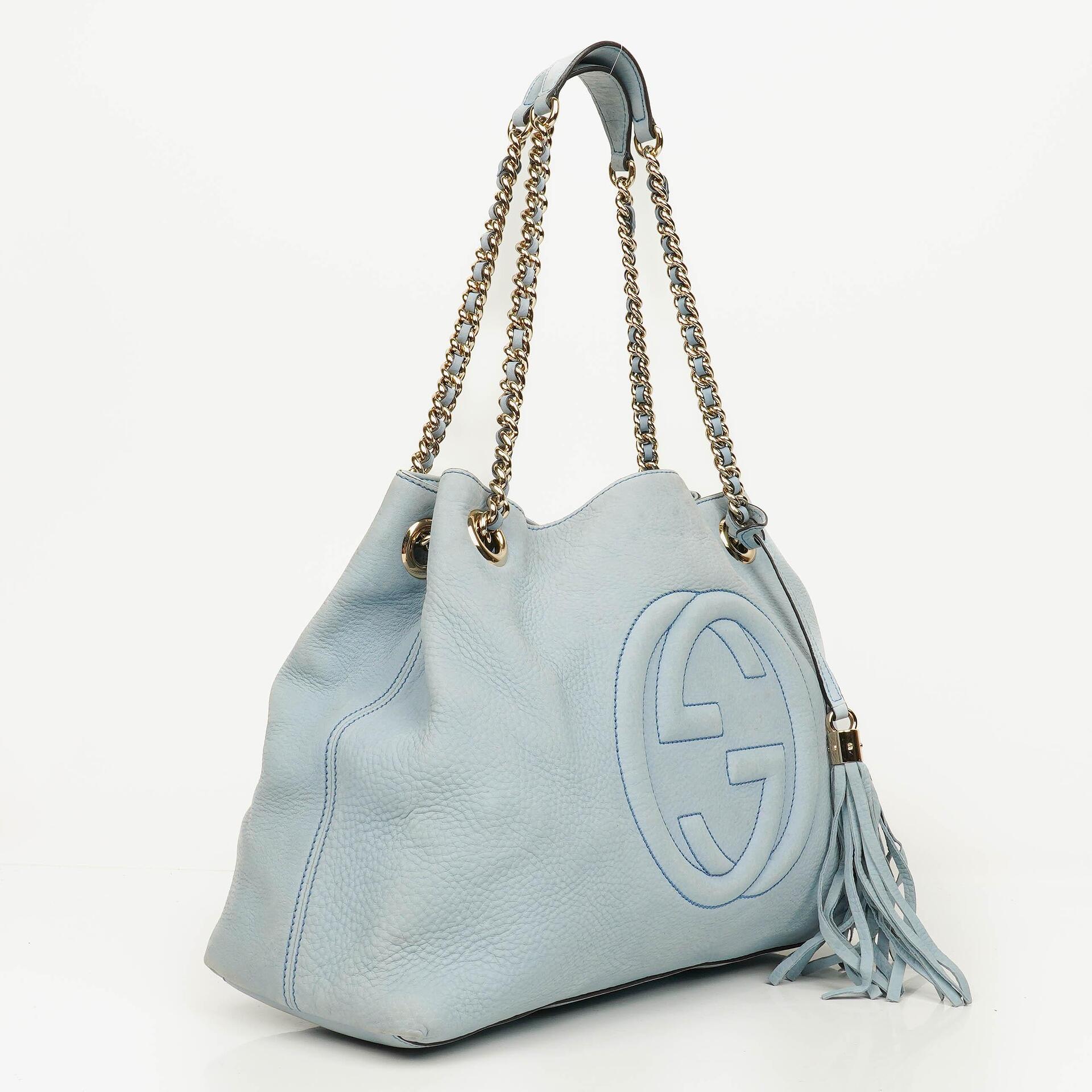 Gucci Soho Tote mit Obergriff aus hellblauem genarbtem Leder