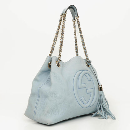Gucci Soho Tote mit Obergriff aus hellblauem genarbtem Leder