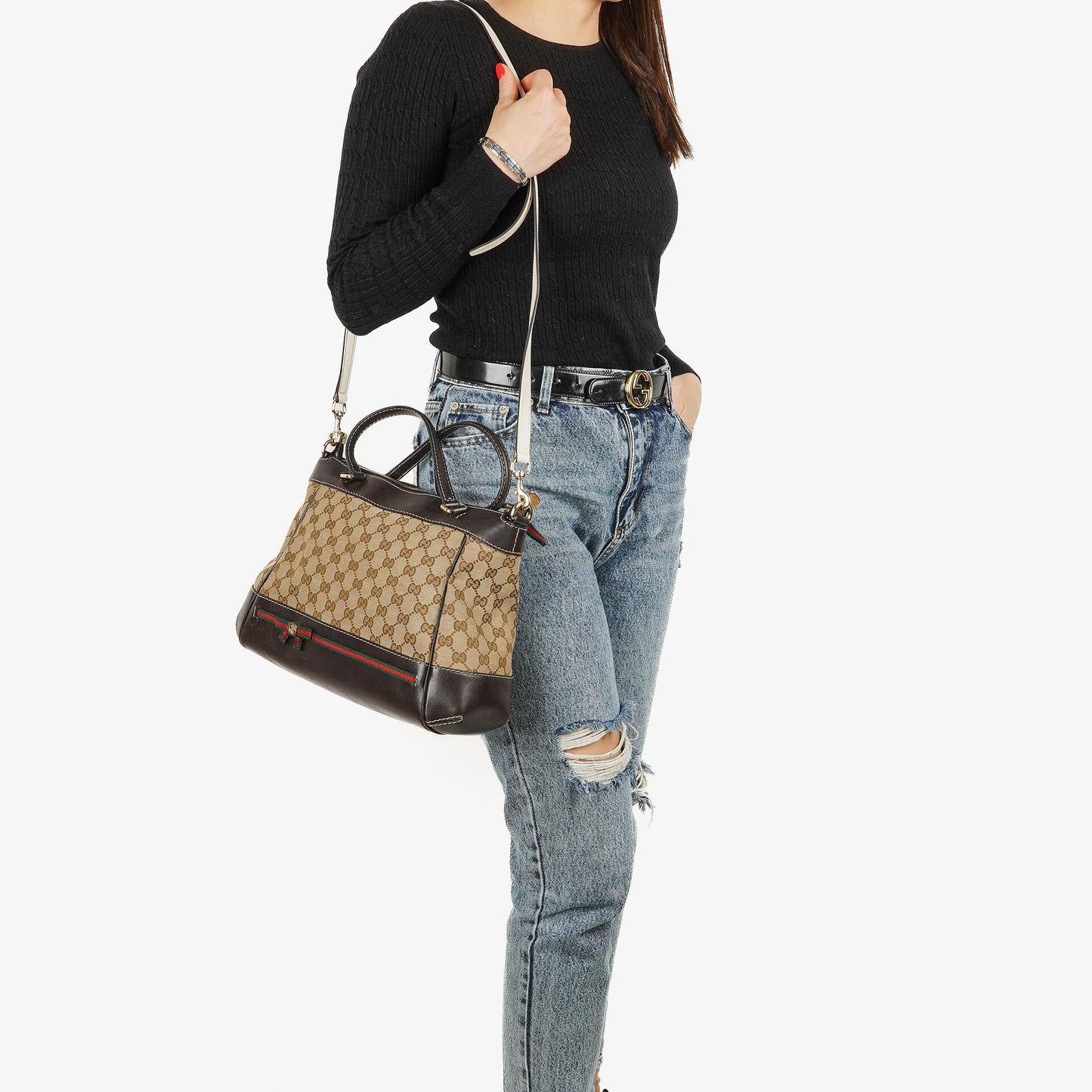 Gucci Mayfair Handtasche mit Obergriff, Schleife und beigem GG Canvas