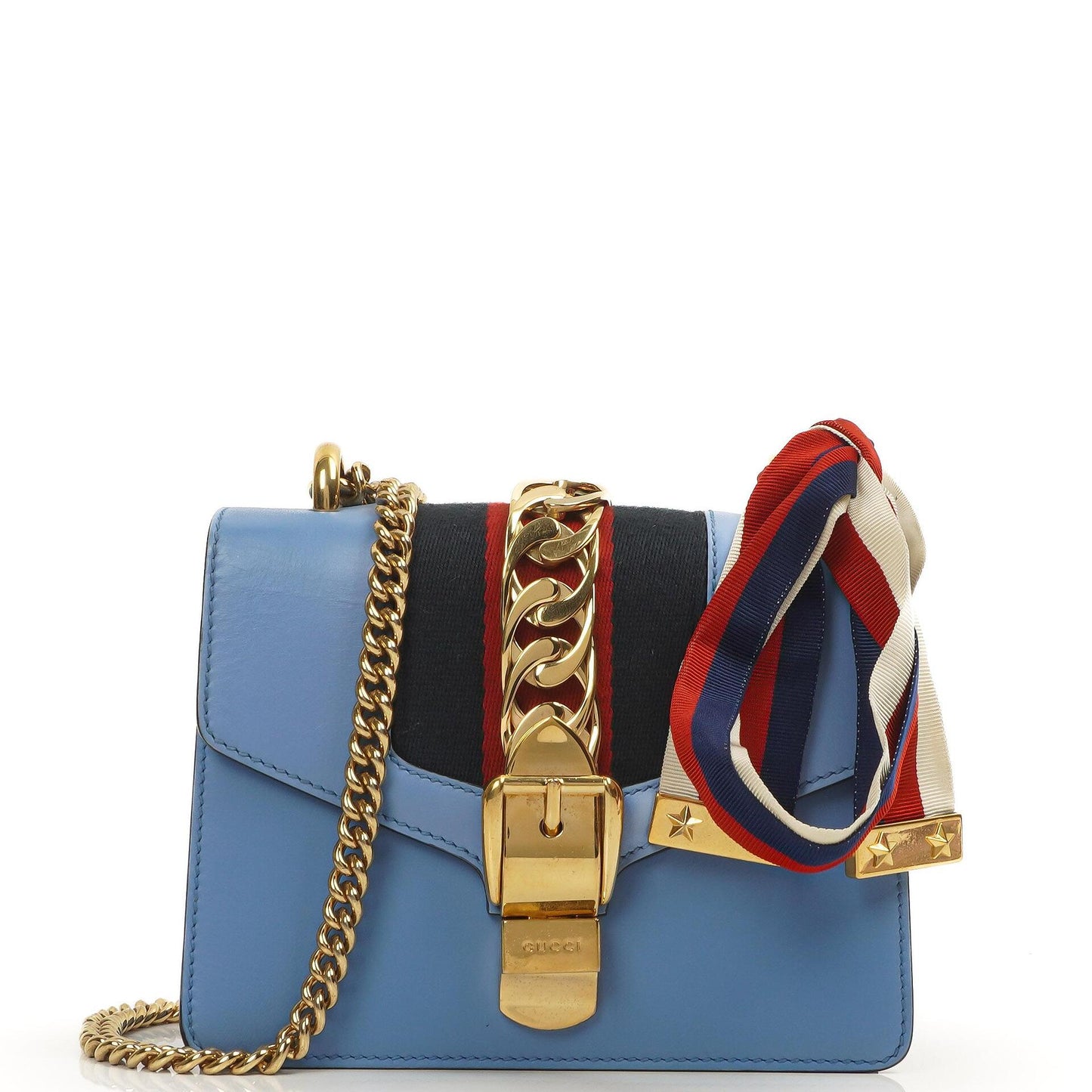 Gucci Mini Sylvie Klappen-Kette Tasche Web-Streifen Klar Himmelblau Kalbsleder